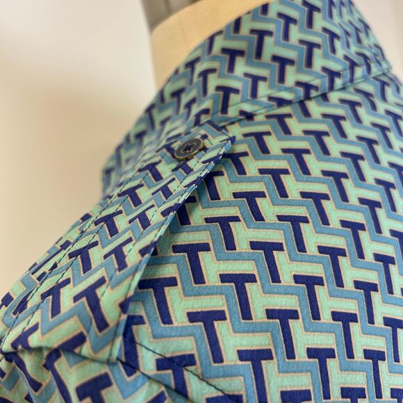 Tory Burch Blue Geometric Print Belted Button Down Silk Dress Women’s Size 2 - Picture 8 of 9